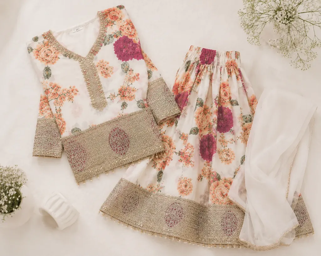 Ivory Floral Kurti Sharara Set with Dupatta