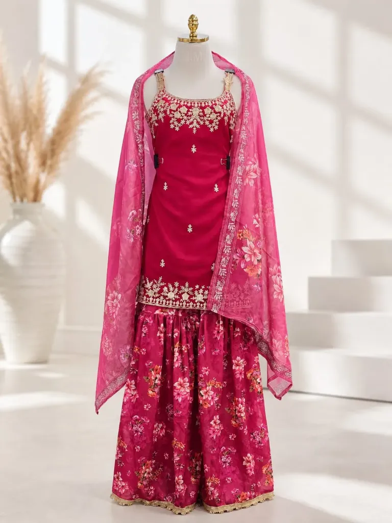 Pink Floral Embroidered Kurti Sharara Set with Dupatta