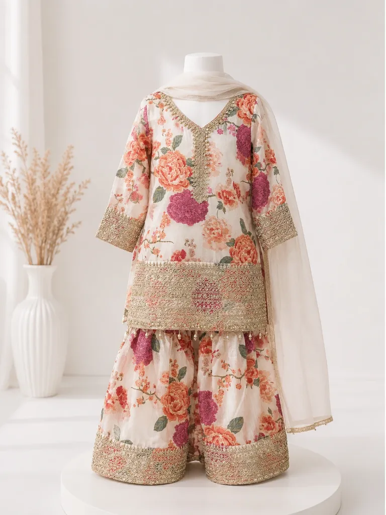 Ivory Floral Kurti Sharara Set with Dupatta