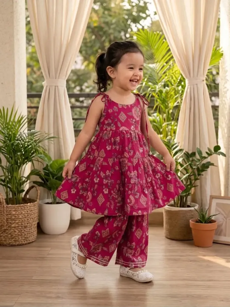 Sleeveless Tiered Cotton Kurthi Printed Co-Ord Sets