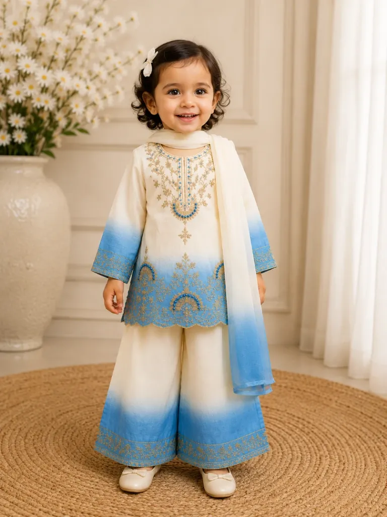 Hand Boutique work Blue Blossom Kurthi Set 🩵( 1 to 6 yrs baby )