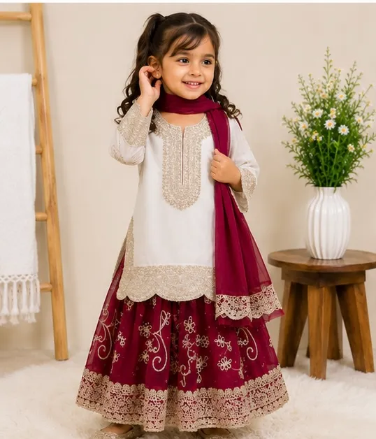 Elegant White & Maroon Embroidered Sharara Set